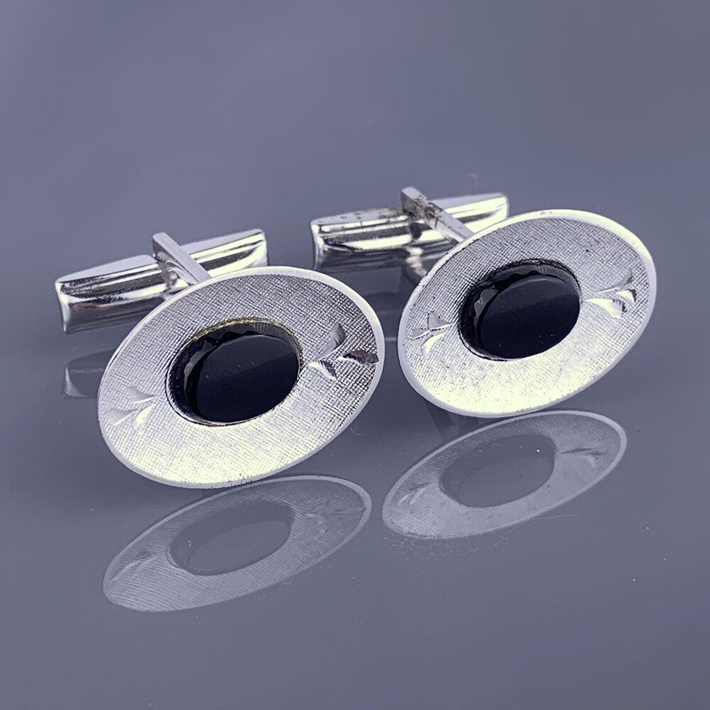 Black Obsidian Sterling Silver Cufflinks Oval Etched Leaves Simple JML Vintage